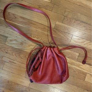 Carlos Falchi Red Leather & Snakeskin Drawstring Crossbody Bag EUC